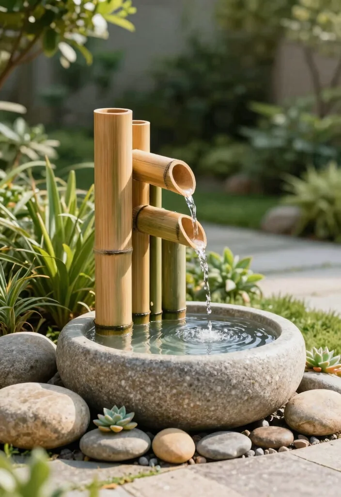 10 Bamboo Fountain Ideas for Zen Style Gardens 1. Minimalist Bamboo Fountain with Stone Base 0