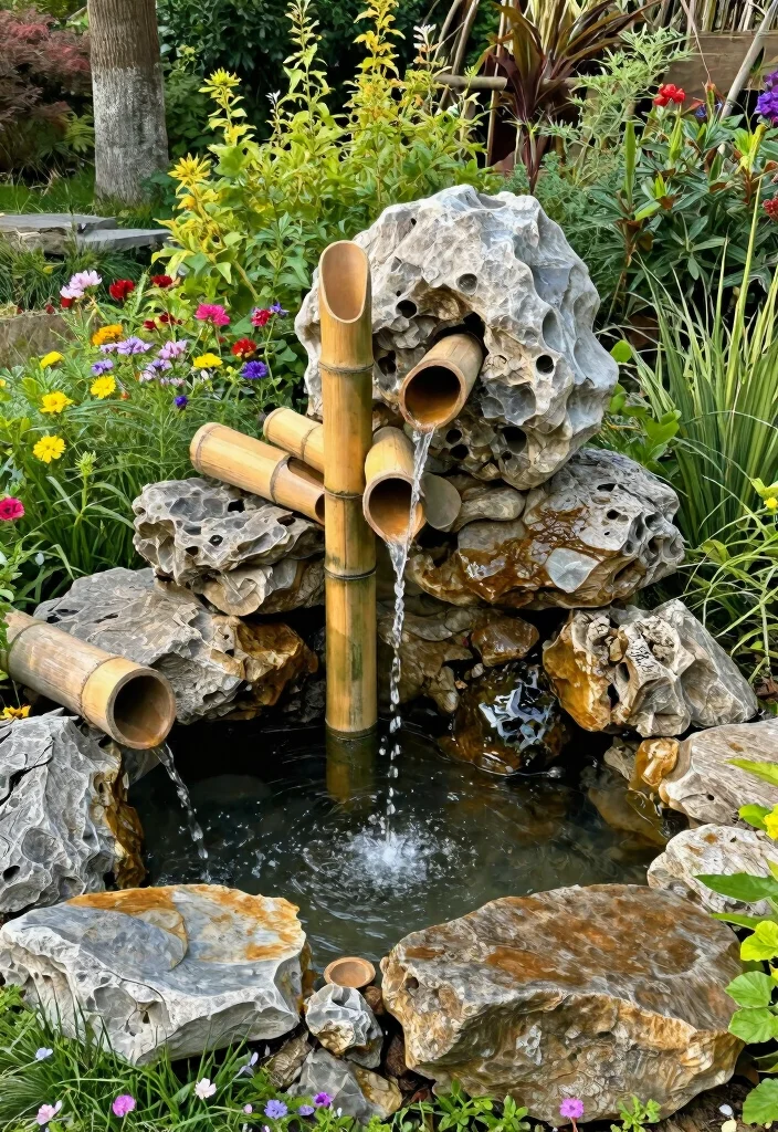 10 Bamboo Fountain Ideas for Zen Style Gardens 6. Bamboo and Rock Combination Fountain 0