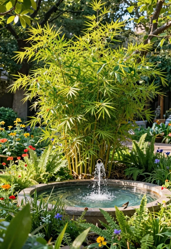 10 Bamboo Fountain Ideas for Zen Style Gardens 8. Bamboo Fountain with Surrounding Native Plants 0