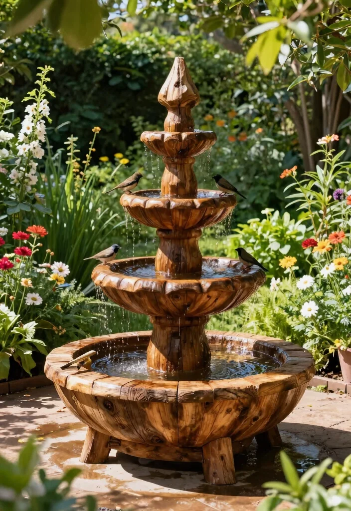 10 Bird Bath Fountain Ideas to Attract Wildlife 3. Rustic Wooden Fountain 0