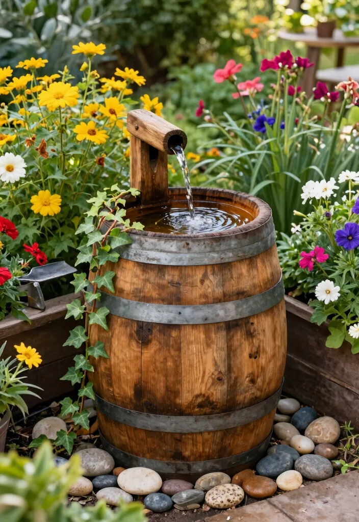 10 Corner Fountain Ideas for Compact Garden Design 1. Rustic Wooden Barrel Fountain 0