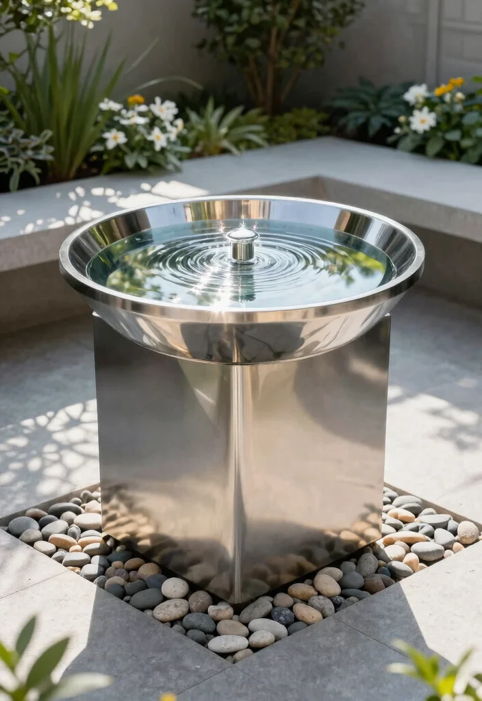 10 Corner Fountain Ideas for Compact Garden Design 2. Modern Stainless Steel Fountain 0