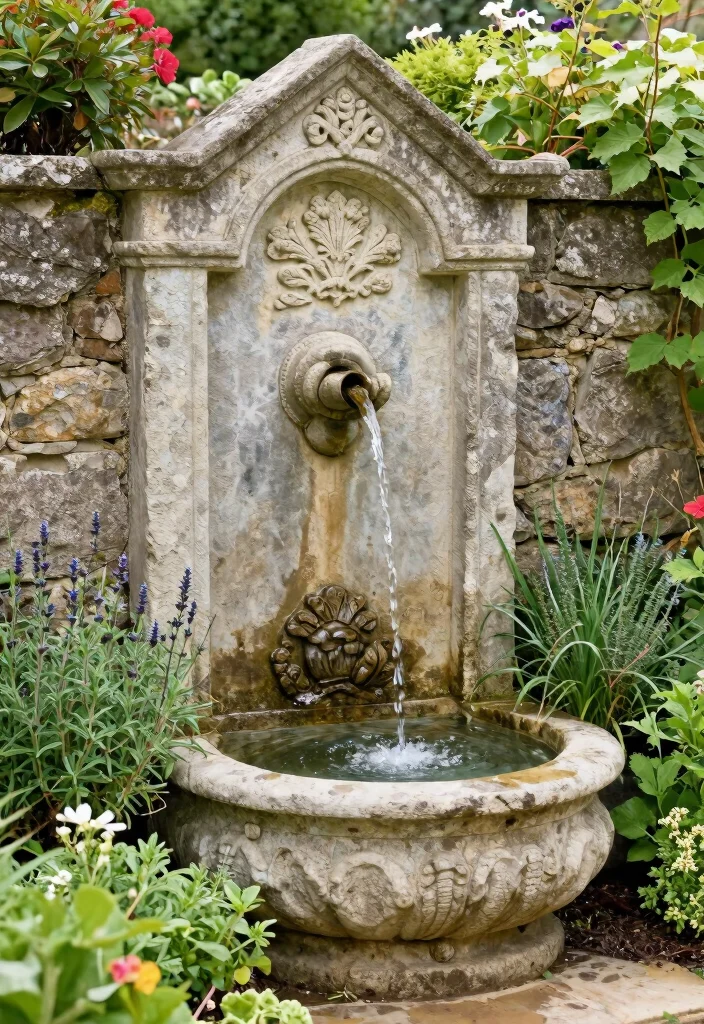 10 Corner Fountain Ideas for Compact Garden Design 3. Classic Stone Wall Fountain 0