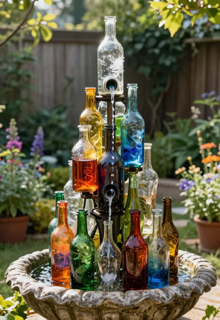 10 Corner Fountain Ideas for Compact Garden Design 7. Recycled Glass Bottle Fountain 0