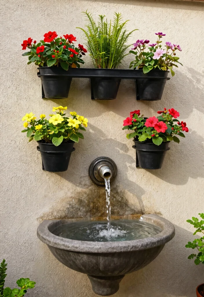 10 Corner Fountain Ideas for Compact Garden Design 8. Wall Mounted Fountain with Planters 0