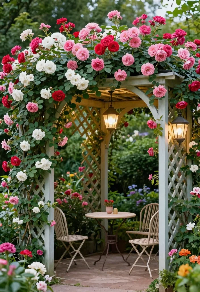 10 Cottage Pergola Ideas for Charming Garden Shade 2. Lattice Pergola with Climbing Roses 0
