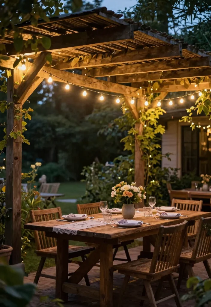 10 Cottage Pergola Ideas for Charming Garden Shade 6. Open Slatted Pergola with String Lights 0