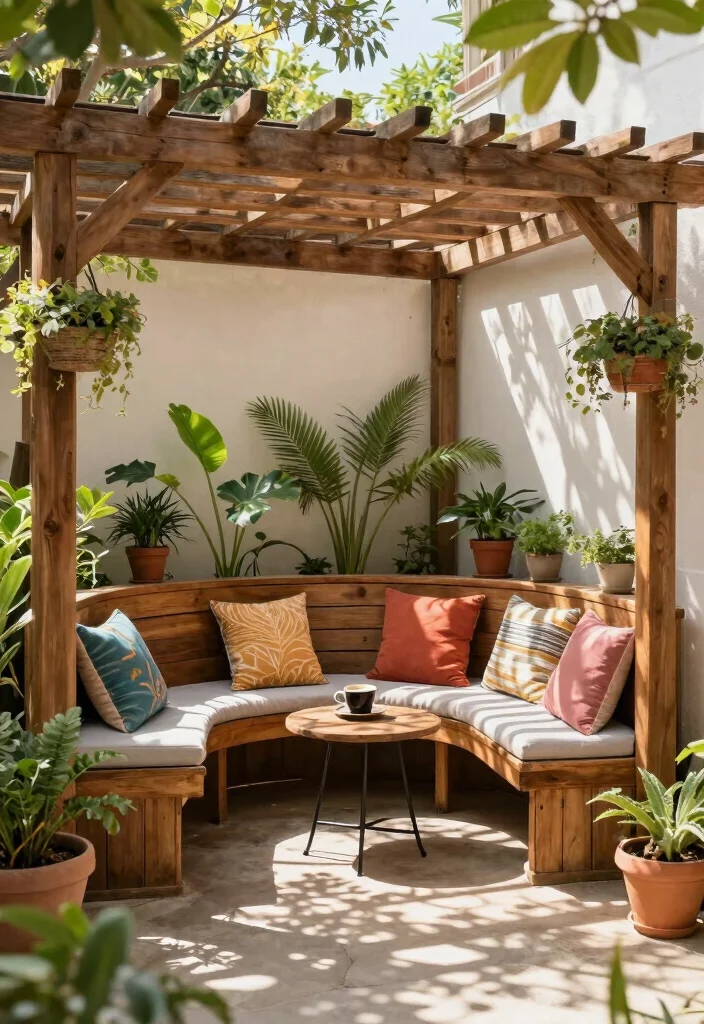 10 Cottage Pergola Ideas for Charming Garden Shade 7. Corner Pergola with Built in Benches 0