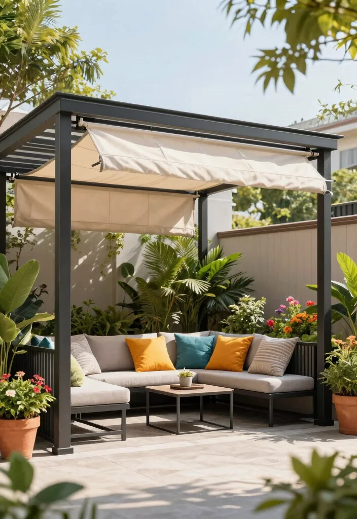 10 Cottage Pergola Ideas for Charming Garden Shade 8. Half Canopy Pergola with Sunshade 0