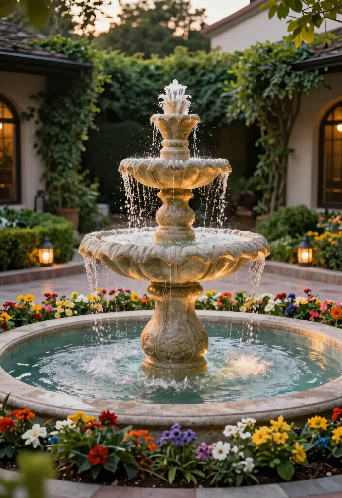 10 Courtyard Fountain Ideas for Elegant Outdoor Spaces 1. Classic Stone Tiered Fountain 0