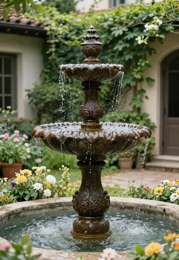 10 Courtyard Fountain Ideas for Elegant Outdoor Spaces 10. Vintage Cast Iron Fountain 0