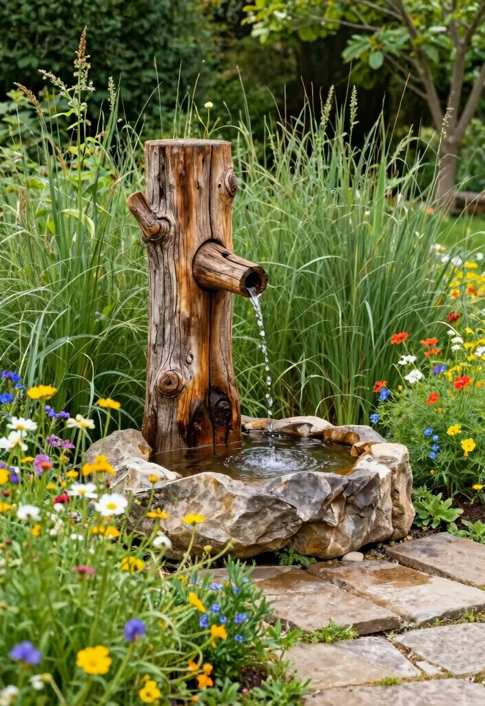 10 Courtyard Fountain Ideas for Elegant Outdoor Spaces 3. Rustic Wooden Fountain 0