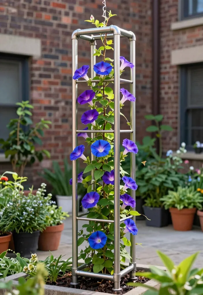 10 DIY Morning Glory Trellis Ideas for Fast Growing Vines 2. Metal Pipe Trellis 0