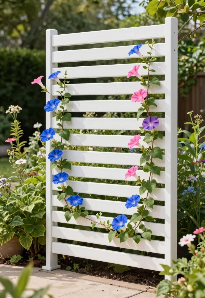 10 DIY Morning Glory Trellis Ideas for Fast Growing Vines 6. Horizontal Slat Trellis 0
