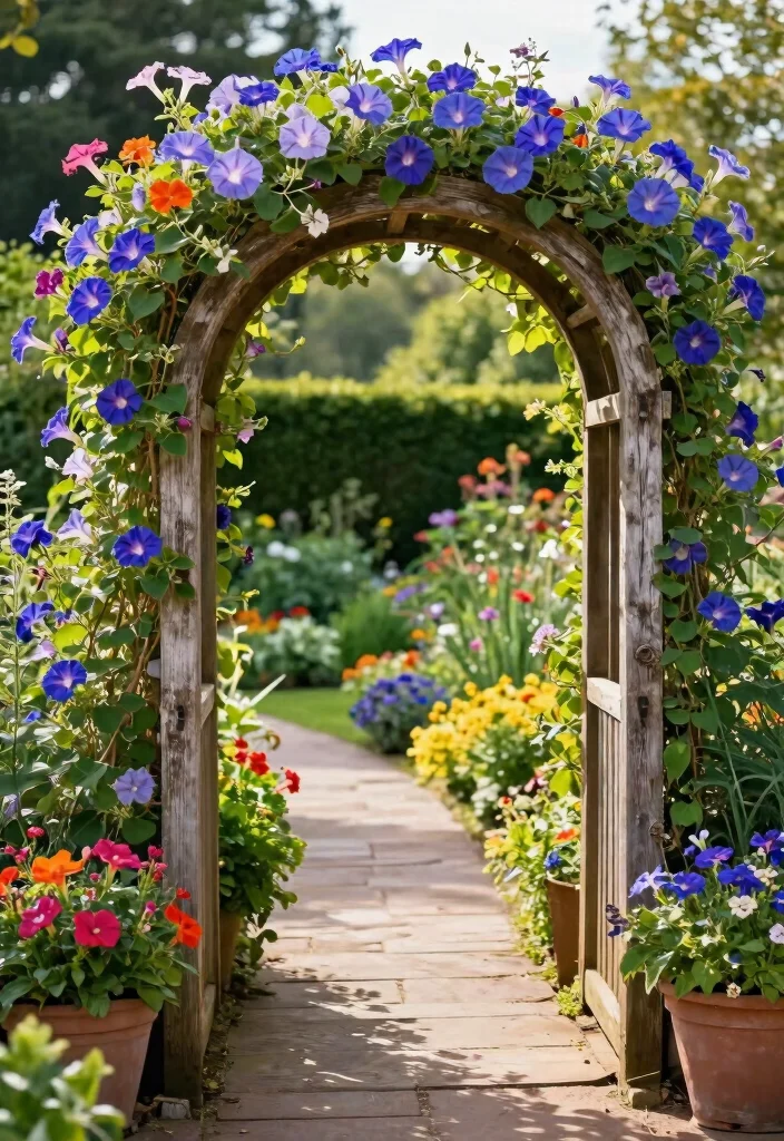 10 DIY Morning Glory Trellis Ideas for Fast Growing Vines 9. Archway with Planters 0