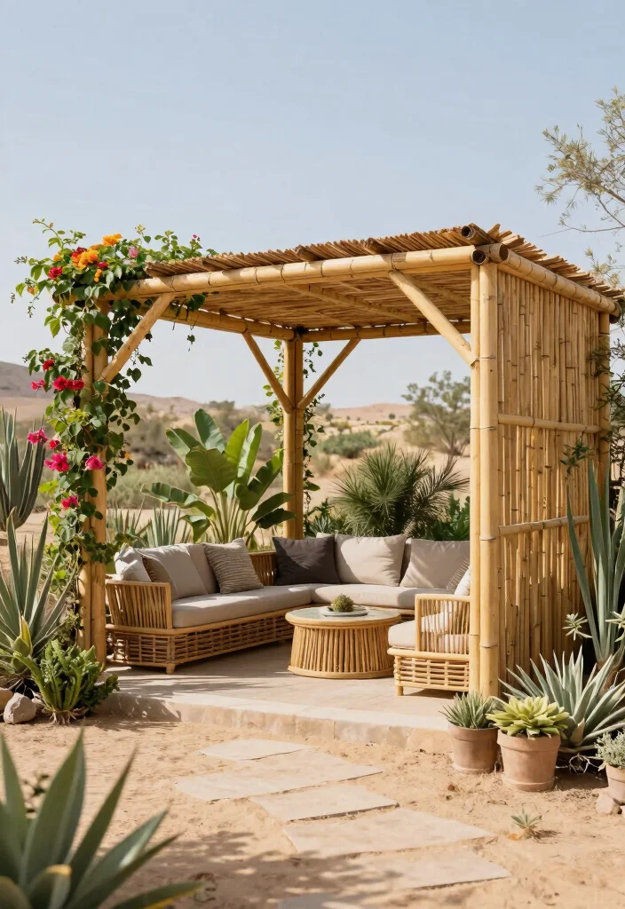 10 Desert Pergola Ideas for Hot Climate Outdoor Living 5. Eco Friendly Bamboo Pergola 0