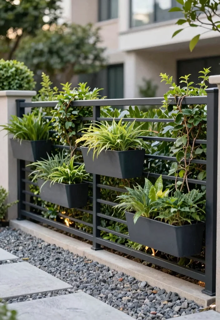 10 Front Yard Low Fence Ideas for Subtle Curb Appeal 2. Modern Metal Fences with Integrated Greenery 0