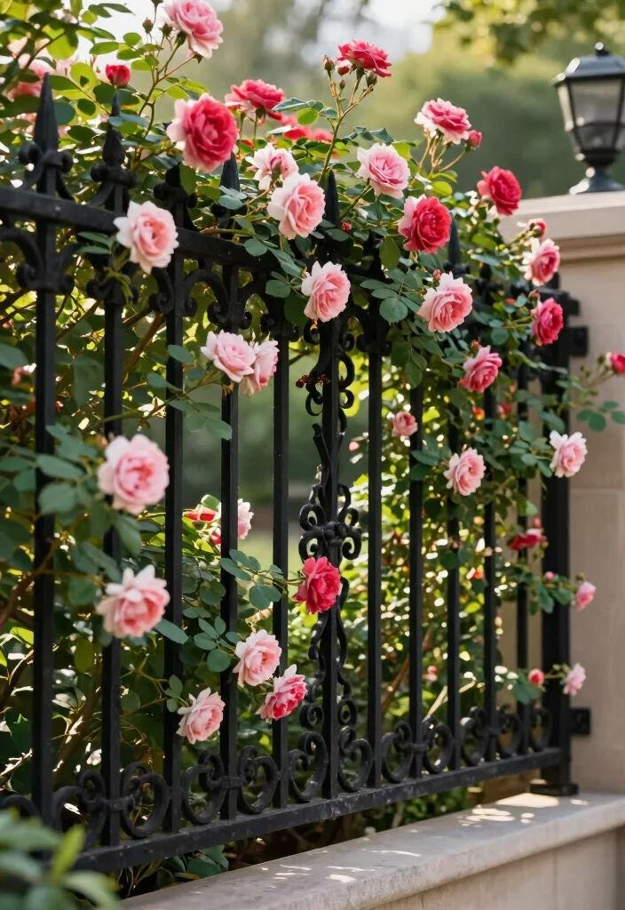 10 Front Yard Low Fence Ideas for Subtle Curb Appeal 5. Decorative Iron Fencing with Climbing Roses 0