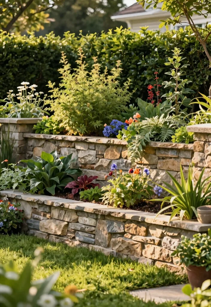 10 Front Yard Low Fence Ideas for Subtle Curb Appeal 7. Layered Stone Fencing with Greenery 0