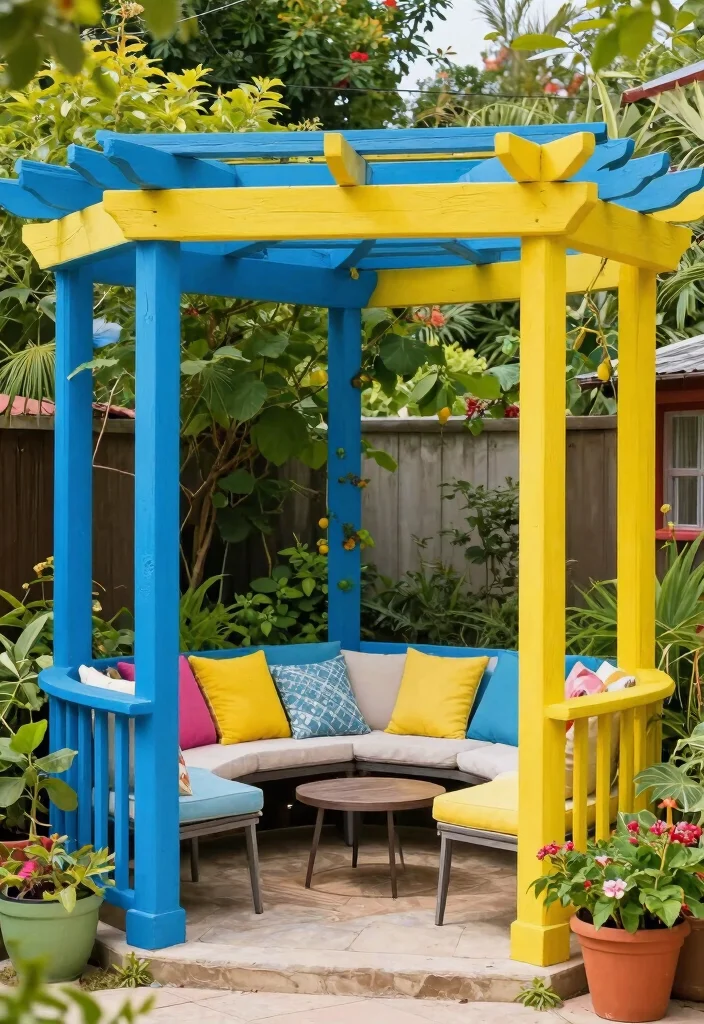 10 Garden Pergola Ideas UK Style for Compact Outdoor Spaces 10. Colorful Painted Pergola 0