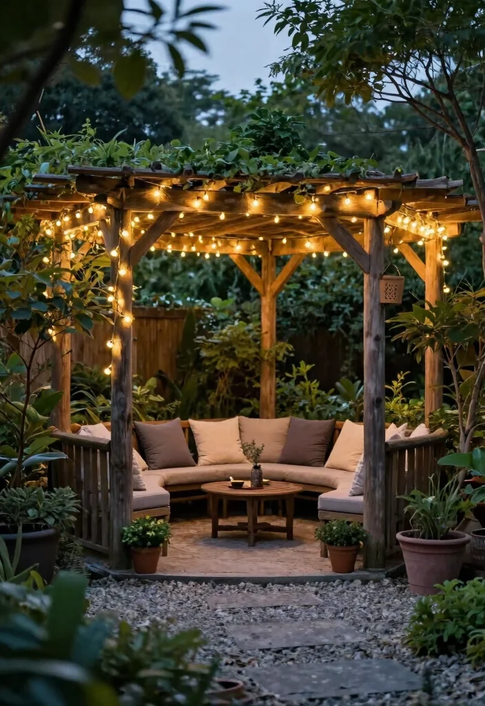 10 Garden Pergola Ideas UK Style for Compact Outdoor Spaces 2. Rustic Wooden Pergola with Fairy Lights 0
