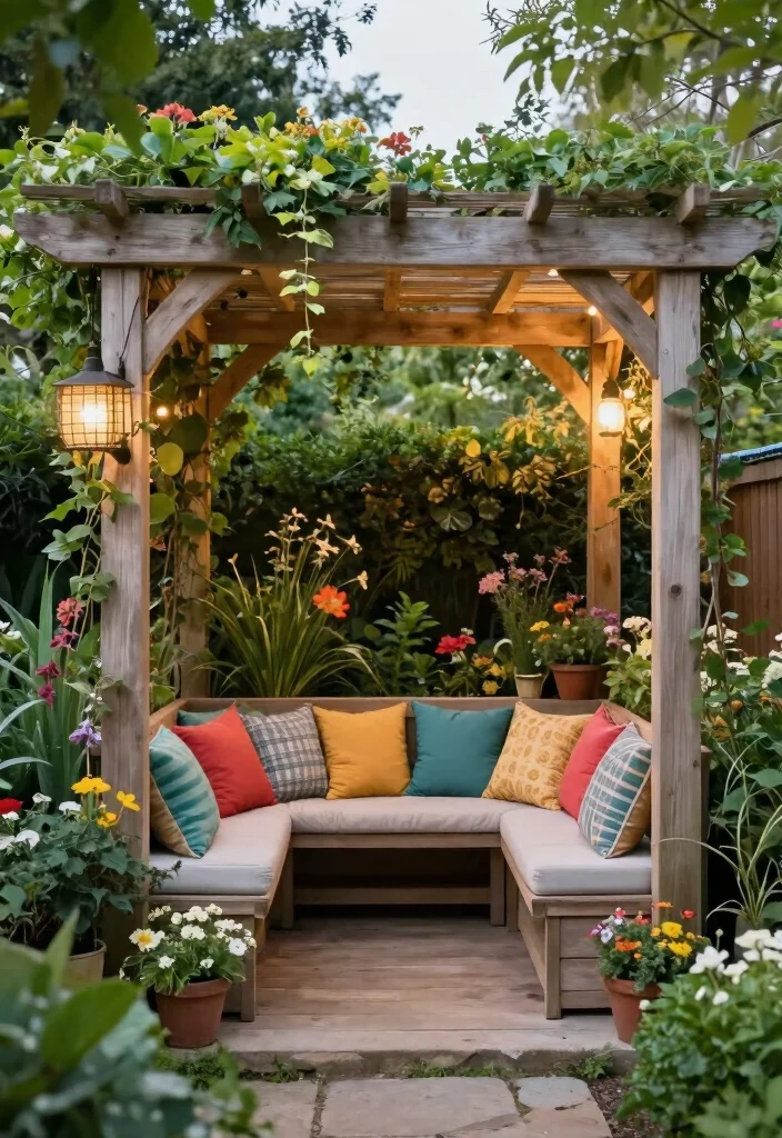 10 Garden Pergola Ideas UK Style for Compact Outdoor Spaces 8. Pergola with Built In Seating 0