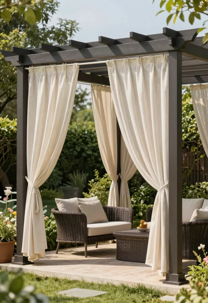 10 Garden Pergola Ideas UK Style for Compact Outdoor Spaces 9. Pergola with Shade Curtains 0