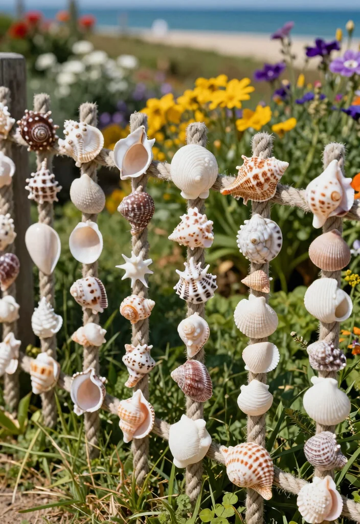 10 Garden Rope Fence Ideas for Coastal and Casual Style 6. Seashell Embellished Rope Fence 0
