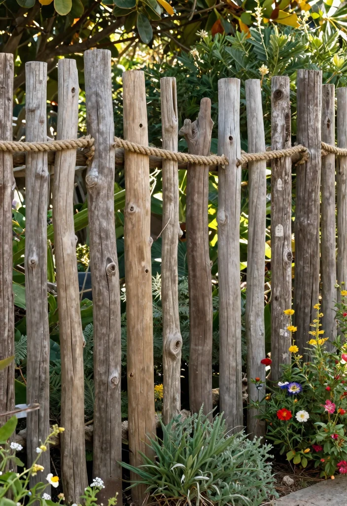 10 Garden Rope Fence Ideas for Coastal and Casual Style 7. Rope and Driftwood Combination Fence 0
