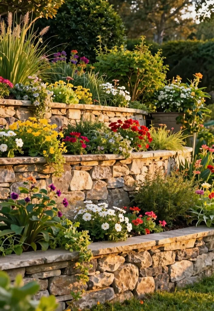 10 Garden Wall Fence Ideas for Structured Outdoor Spaces 5. Stone Wall Planters 0
