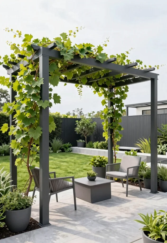 10 Grape Pergola Ideas for Shaded and Productive Gardens 2. Modern Minimalist Steel Pergola 0