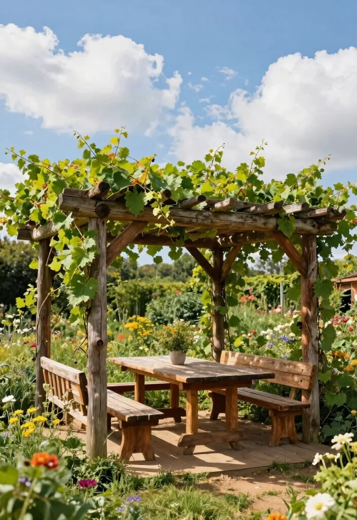 10 Grape Pergola Ideas for Shaded and Productive Gardens 3. Rustic Log Cabin Pergola 0