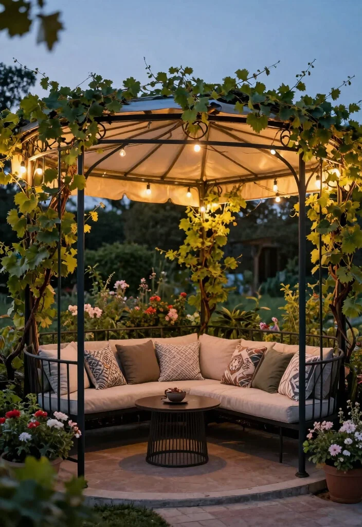 10 Grape Pergola Ideas for Shaded and Productive Gardens 5. Vintage Metal Pergola with Canopy 0
