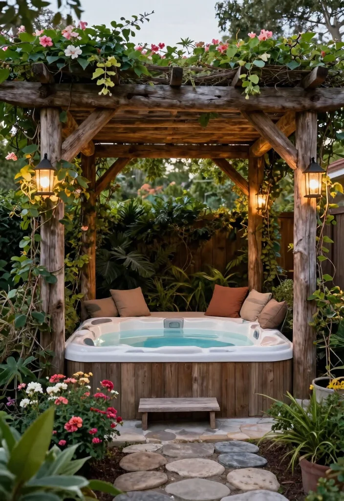10 Hot Tub Pergola Ideas for Privacy and Weather Protection 1 10 Hot Tub Pergola Ideas for Privacy and Weather Protection 1. Rustic Wooden Retreat 0