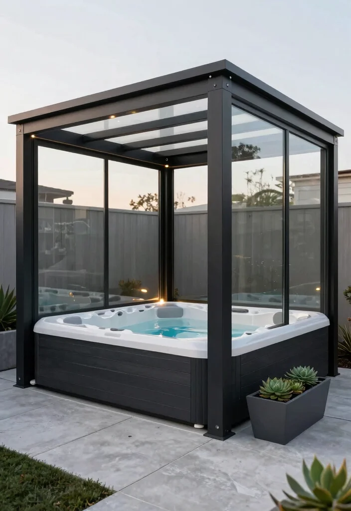 10 Hot Tub Pergola Ideas for Privacy and Weather Protection 12 10 Hot Tub Pergola Ideas for Privacy and Weather Protection 2. Modern Minimalist Structure 0