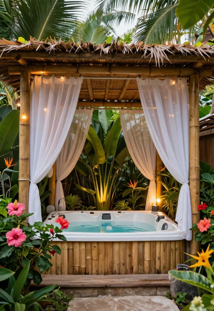 10 Hot Tub Pergola Ideas for Privacy and Weather Protection 23 10 Hot Tub Pergola Ideas for Privacy and Weather Protection 3. Tropical Oasis 0