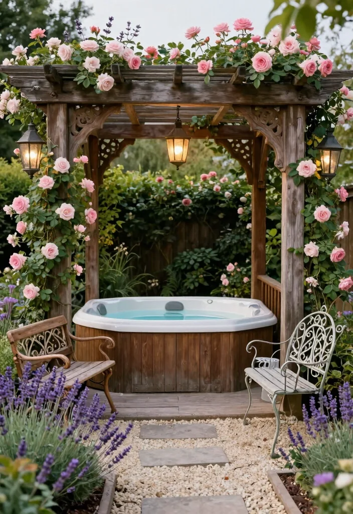 10 Hot Tub Pergola Ideas for Privacy and Weather Protection 56 10 Hot Tub Pergola Ideas for Privacy and Weather Protection 6. Vintage Arbor Style 0