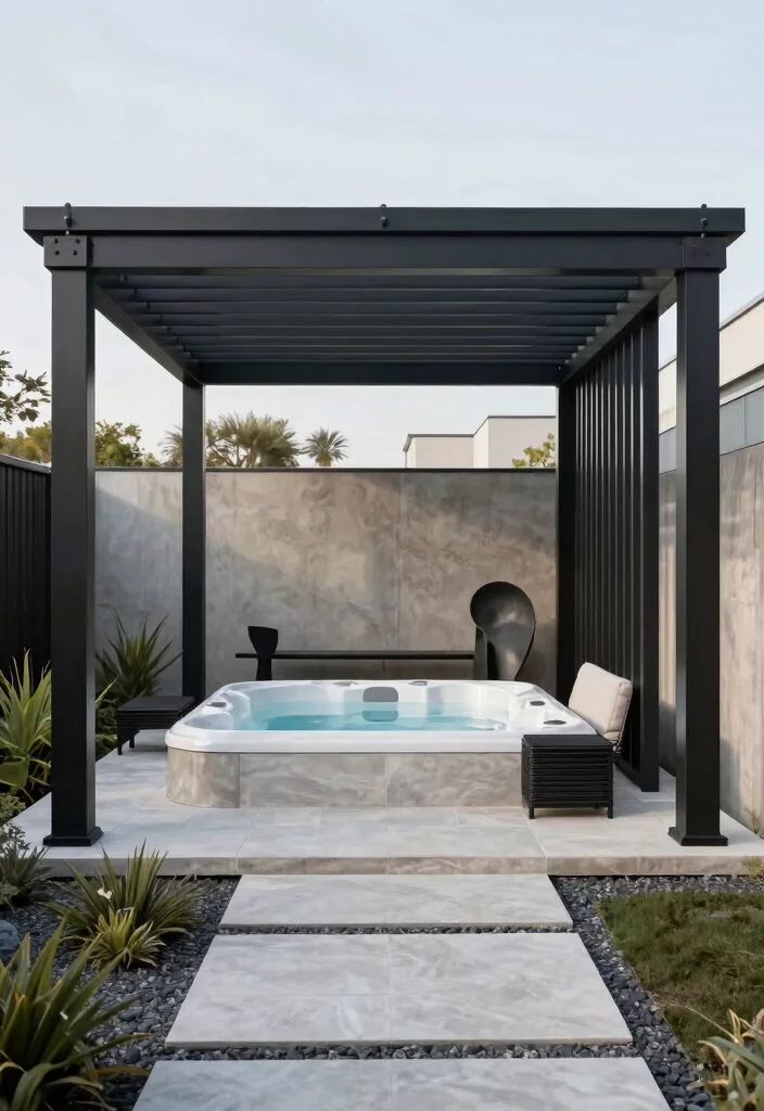 10 Hot Tub Pergola Ideas for Privacy and Weather Protection 67 10 Hot Tub Pergola Ideas for Privacy and Weather Protection 7. Contemporary Steel Design 0