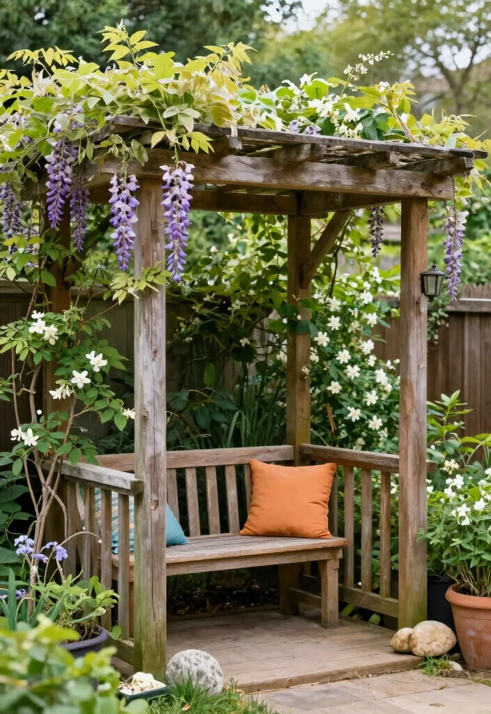 10 Mini Pergola Ideas for Small Gardens and Patios 1. Rustic Wooden Pergola with Climbers 0