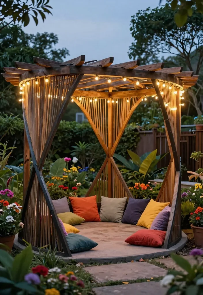 10 Mini Pergola Ideas for Small Gardens and Patios 6. Artistic Pergola with String Lights 0