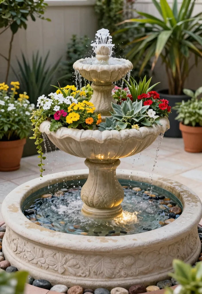 10 Patio Water Fountain Ideas for Relaxing Ambience 9. Self Watering Container Fountains 0