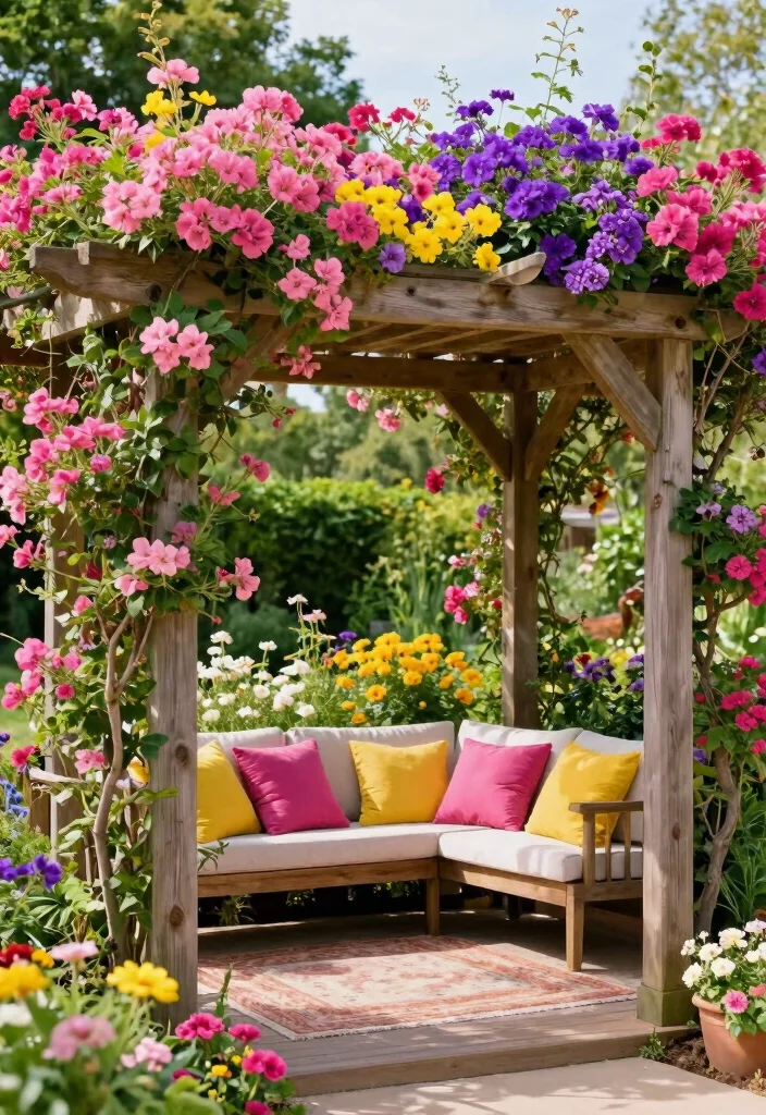 10 Pergola Ideas With Plants for Natural Shade and Beauty 3. Natural Wood and Blooming Flowers 0