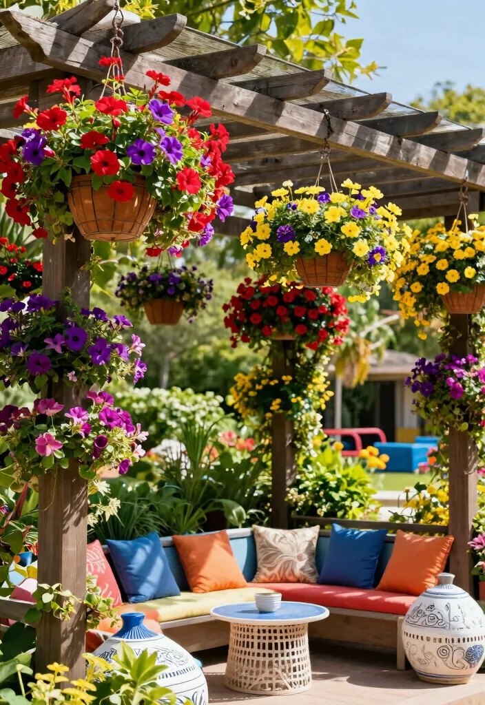 10 Pergola Ideas With Plants for Natural Shade and Beauty 6. Colorful Hanging Baskets for a Festive Feel 0
