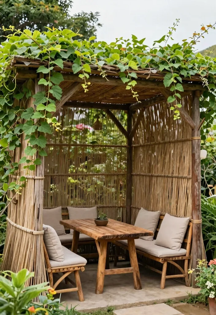 10 Pergola Ideas With Plants for Natural Shade and Beauty 7. Rustic Reed and Cane for Natural Shade 0