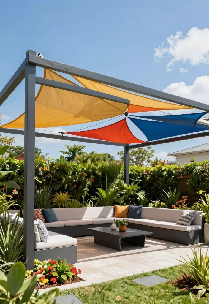 10 Pergola Ideas With Plants for Natural Shade and Beauty 9. Shade Sailing Canopies for a Modern Twist 0