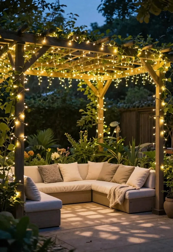 10 Pergola Lighting Ideas to Create a Cozy Nighttime Space 23 10 Pergola Lighting Ideas to Create a Cozy Nighttime Space 3. Festive Fairy Lights 0