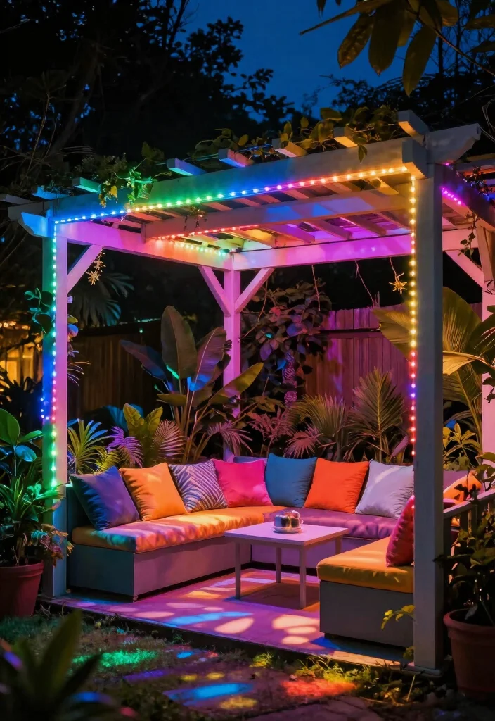 10 Pergola Lighting Ideas to Create a Cozy Nighttime Space 56 10 Pergola Lighting Ideas to Create a Cozy Nighttime Space 6. Colorful LED Strip Lights 0