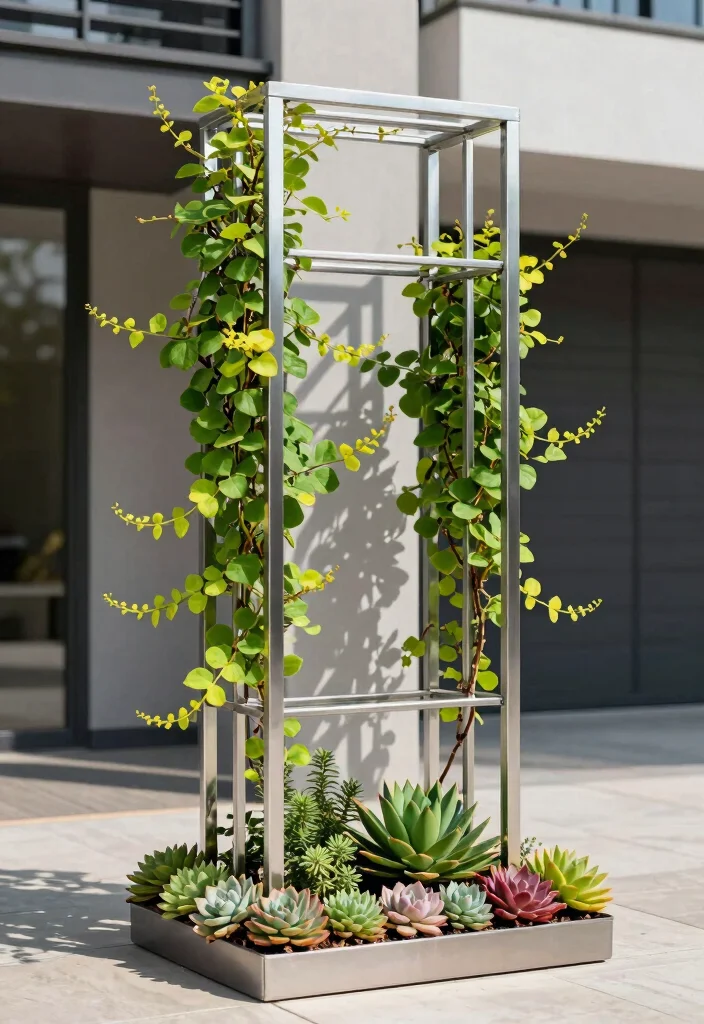 10 Planters With Trellis Ideas for Small Patios and Vertical Gardens 2. Metal Trellis with Succulent Planters 0
