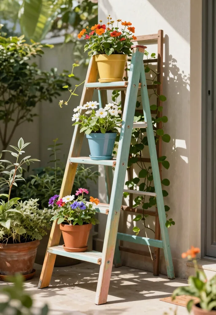10 Planters With Trellis Ideas for Small Patios and Vertical Gardens 7. Repurposed Ladder Planter with Trellis 0