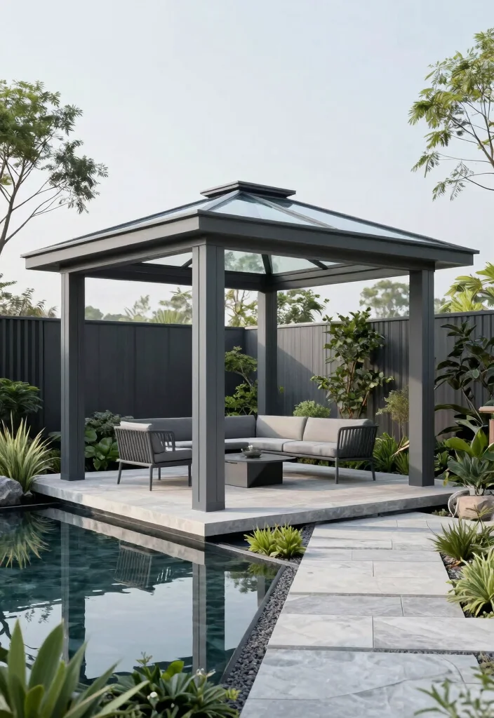 10 Pond Gazebo Ideas for Peaceful Garden Views 2. Modern Minimalist Gazebo 0